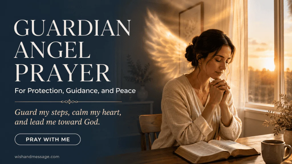 Woman praying beside an open Bible with warm light suggesting guardian angel protection.
