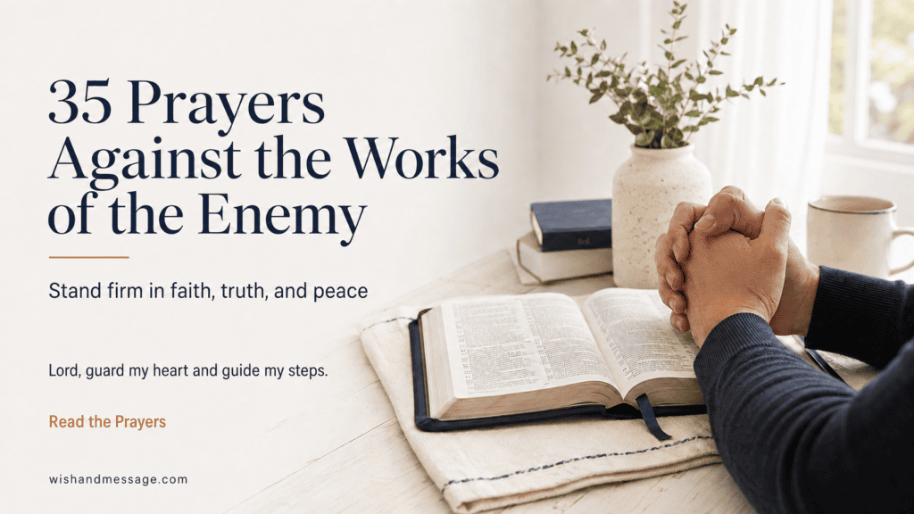 Open Bible beside folded hands in prayer with calm golden light symbolizing faith and protection.