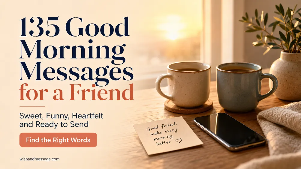 Sunlit breakfast setting with two coffee mugs and headline for 135 good morning messages for a friend