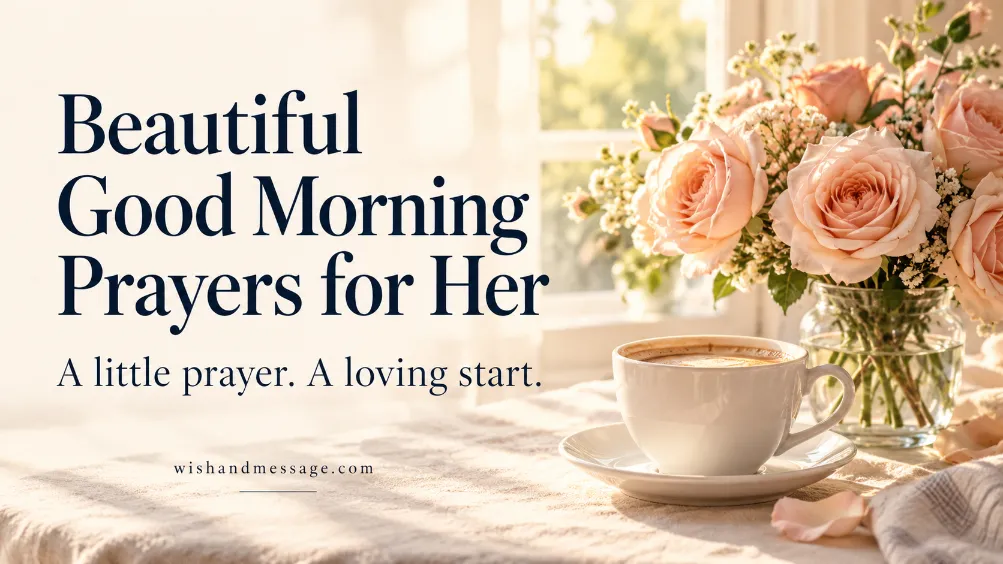 Peach roses and a coffee cup in morning sunlight with Beautiful Good Morning Prayers for Her text