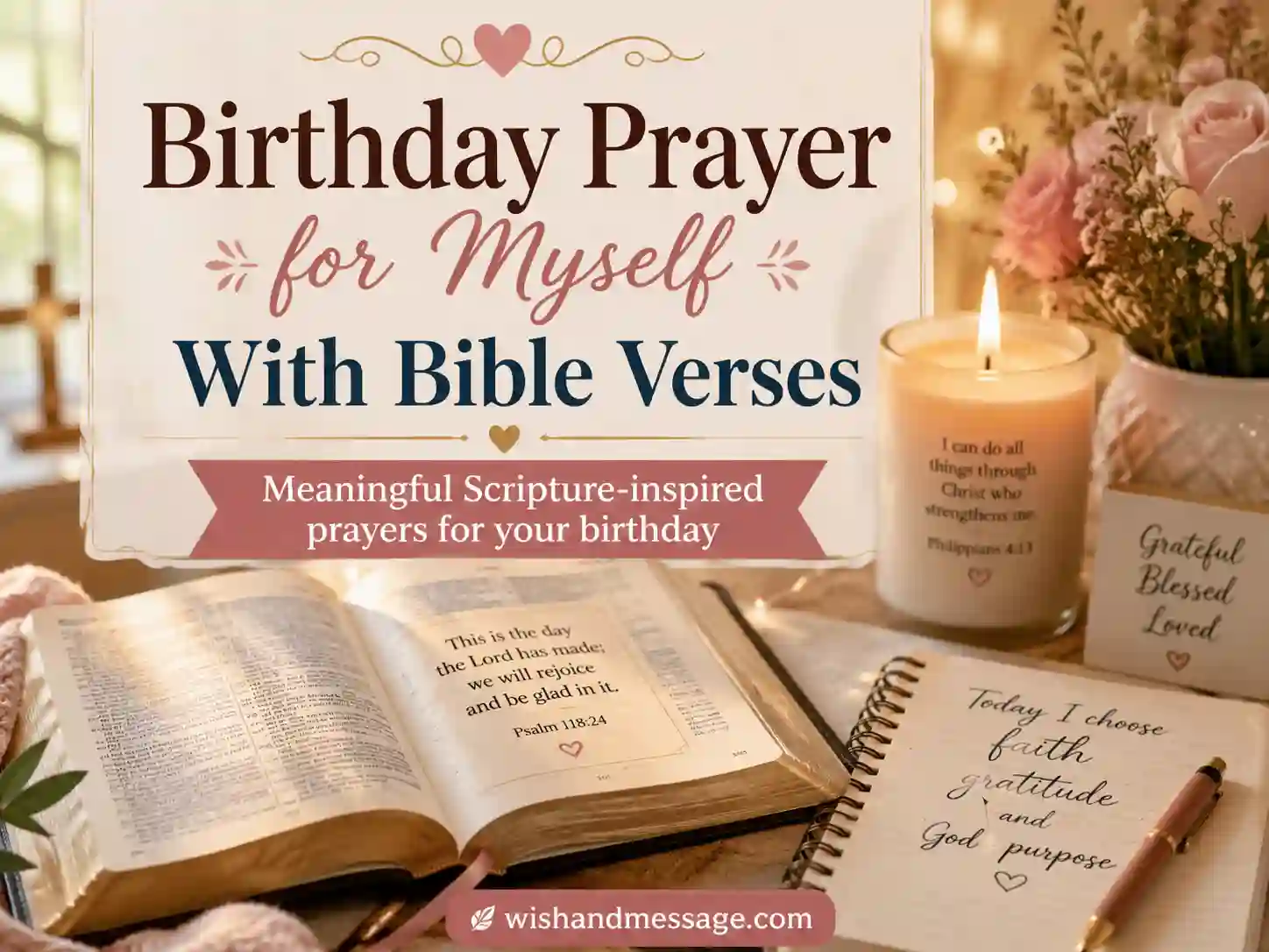 Birthday prayer for myself with Bible verses image showing open Bible, candle, and peaceful birthday prayer setting