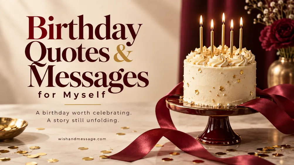 Ivory birthday cake with gold candles and burgundy ribbon beside Birthday Quotes and Messages for Myself text