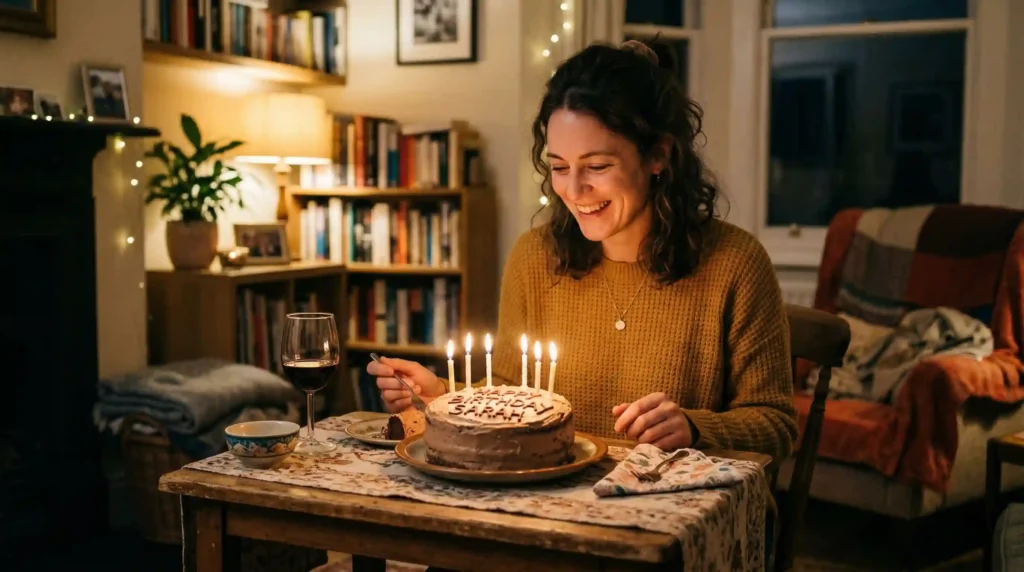 person celebrating birthday alone with cake and candles at home