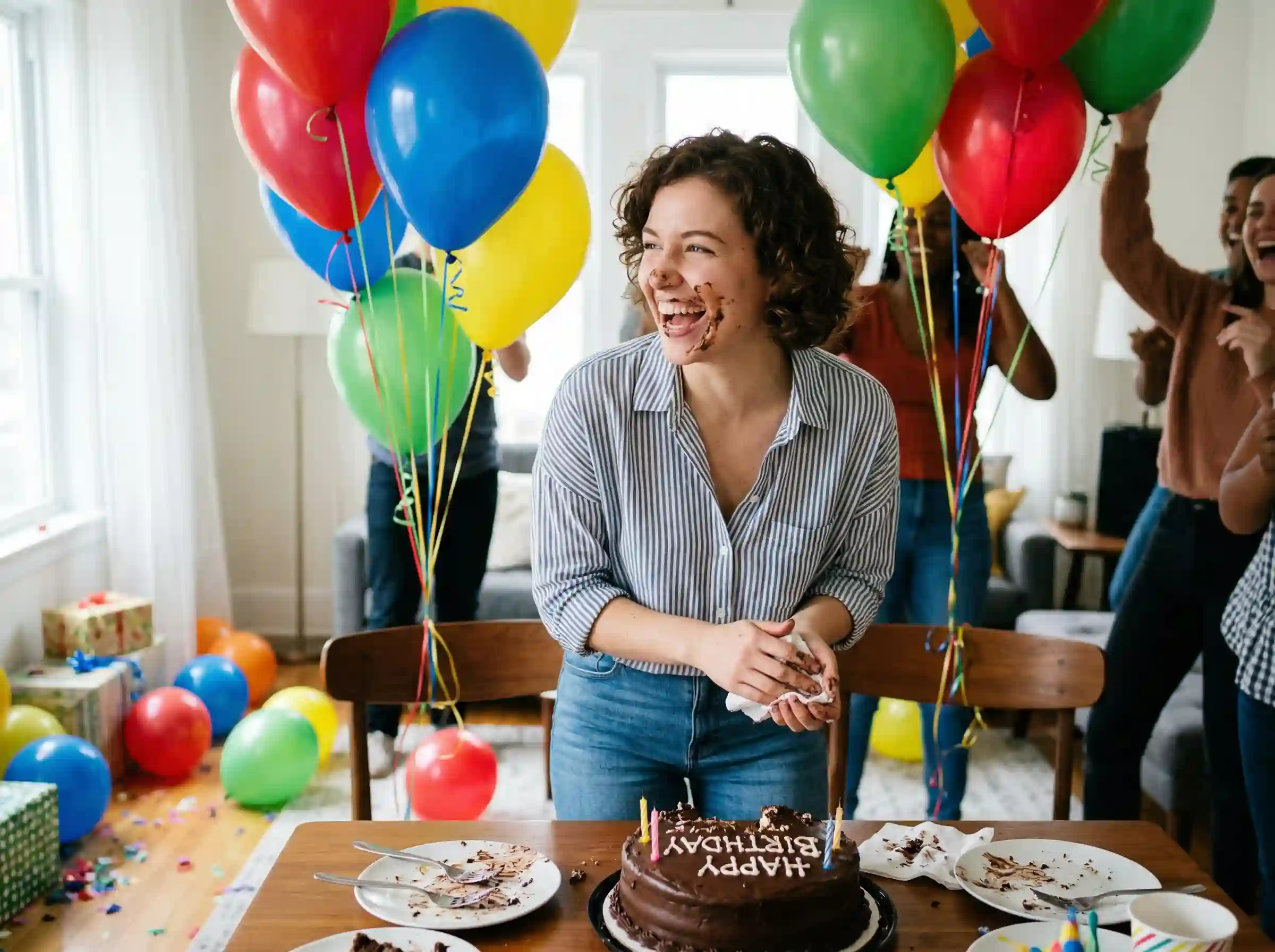person laughing with messy birthday cake and balloons at party