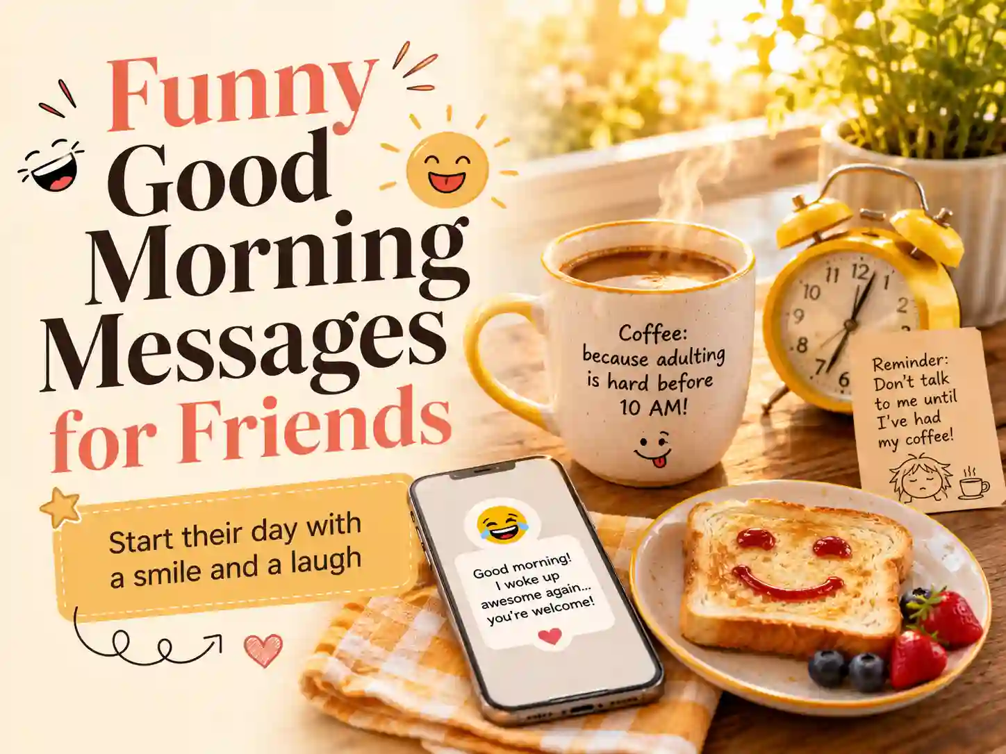 Funny good morning messages for friends with playful coffee and morning humor theme