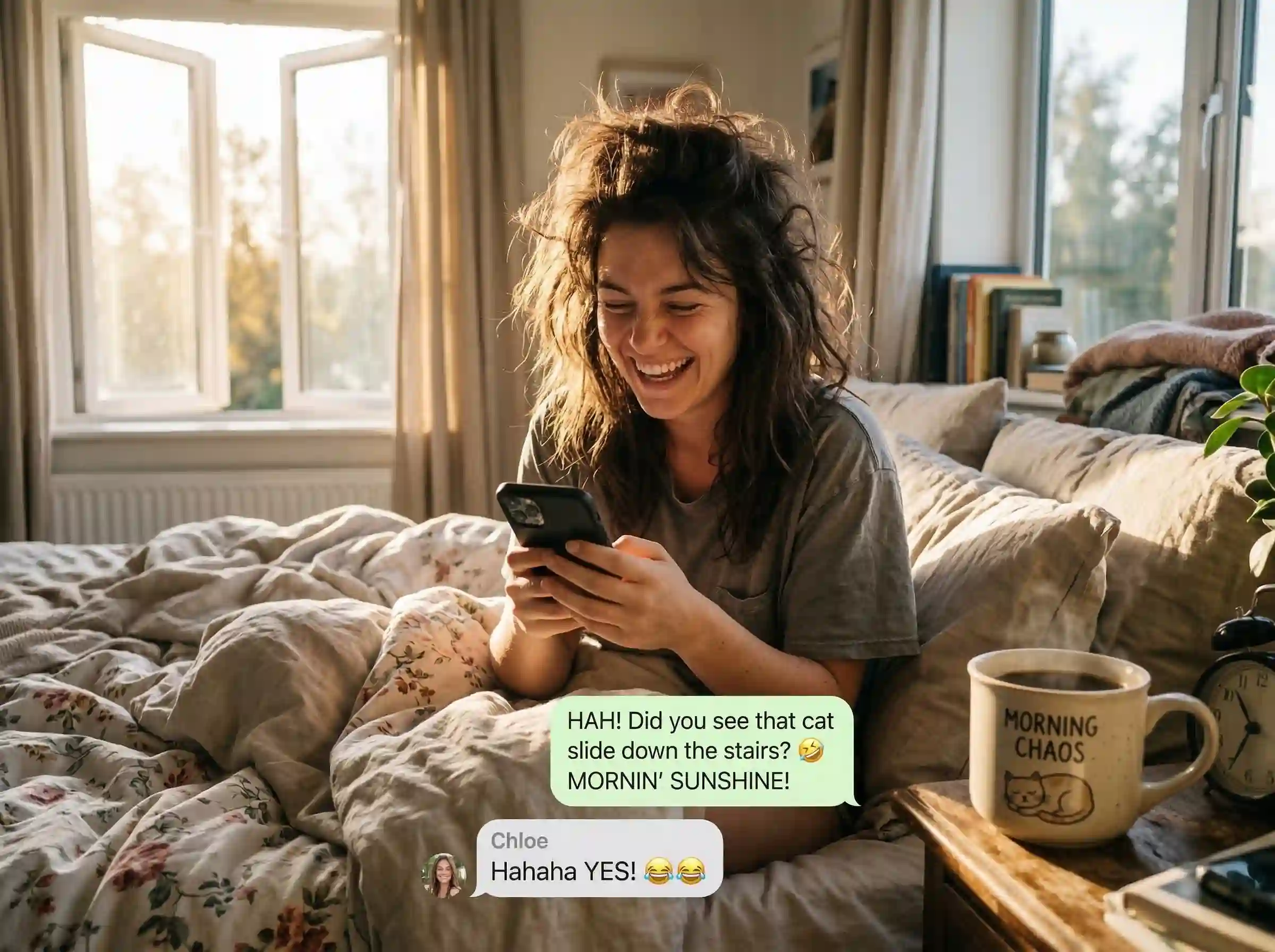 person laughing at a funny good morning text message from a friend