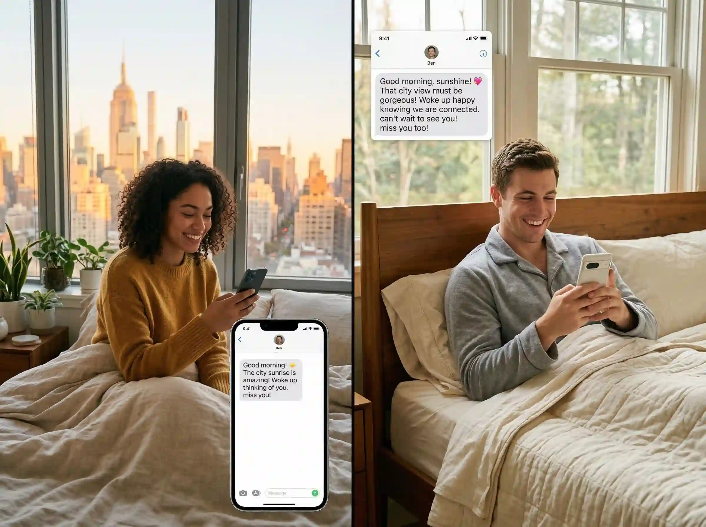 two friends texting good morning messages across distance on smartphones