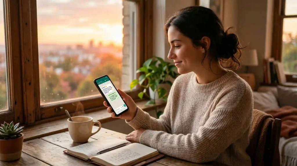 person sending a good morning message for a friend on smartphone during sunrise