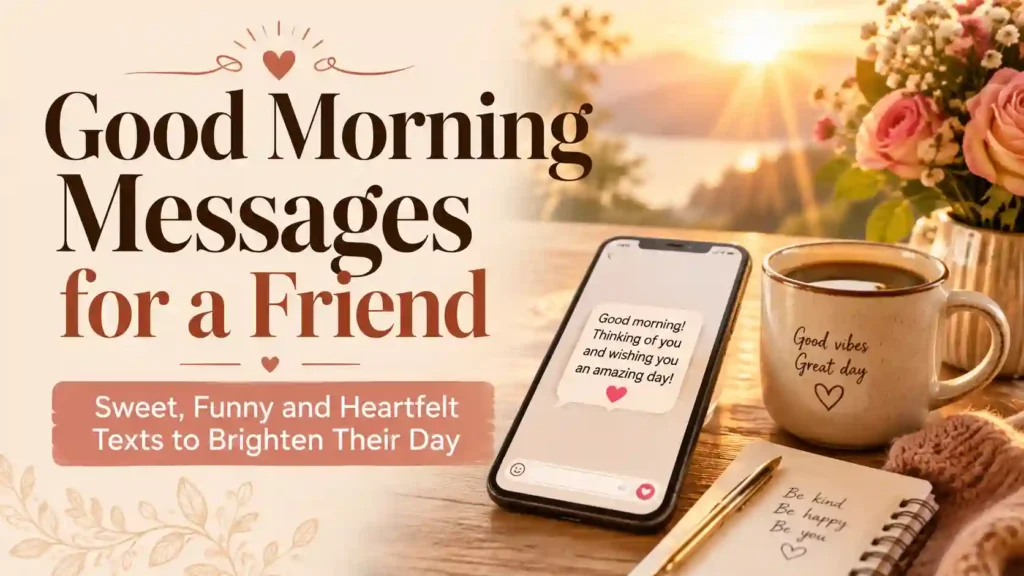 Good morning messages for a friend with a warm sunrise and phone text theme