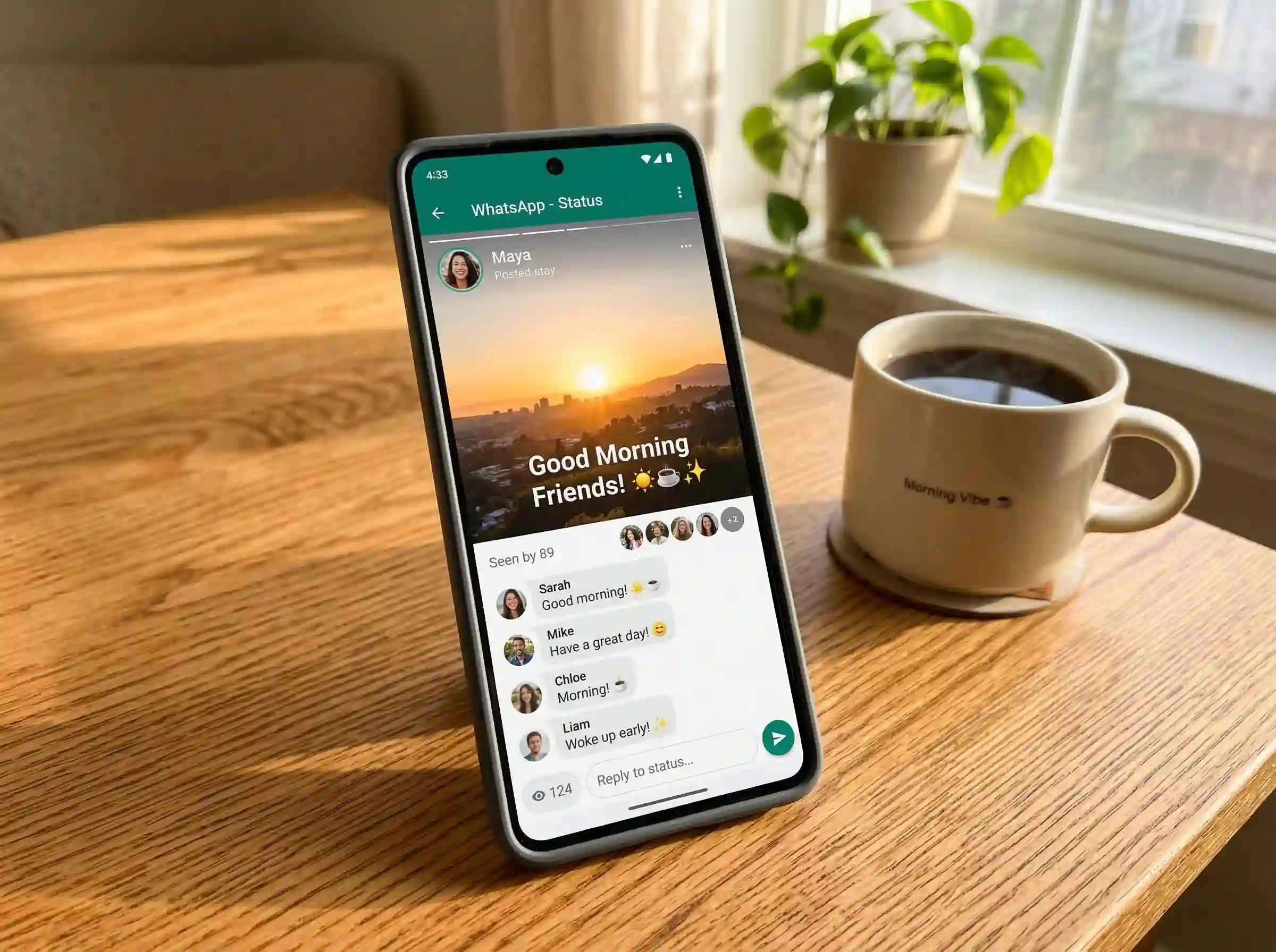 smartphone showing good morning whatsapp message for friends on social media