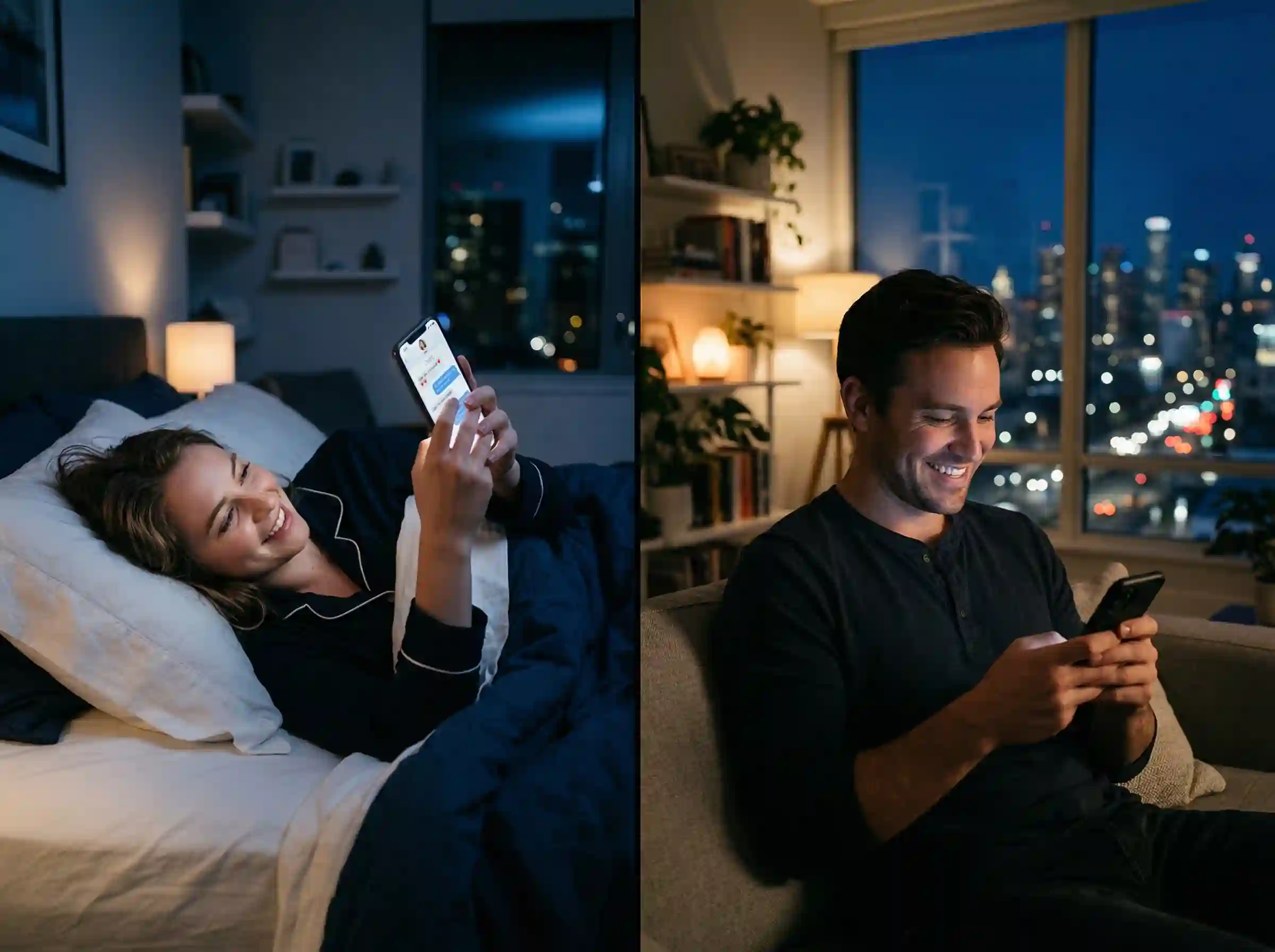 good night message for girlfriend texting and smiling together