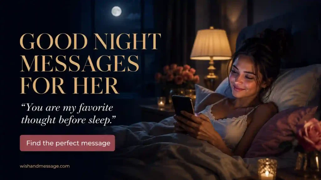 Woman smiling at her phone in a cozy moonlit bedroom with a good night messages for her headline.