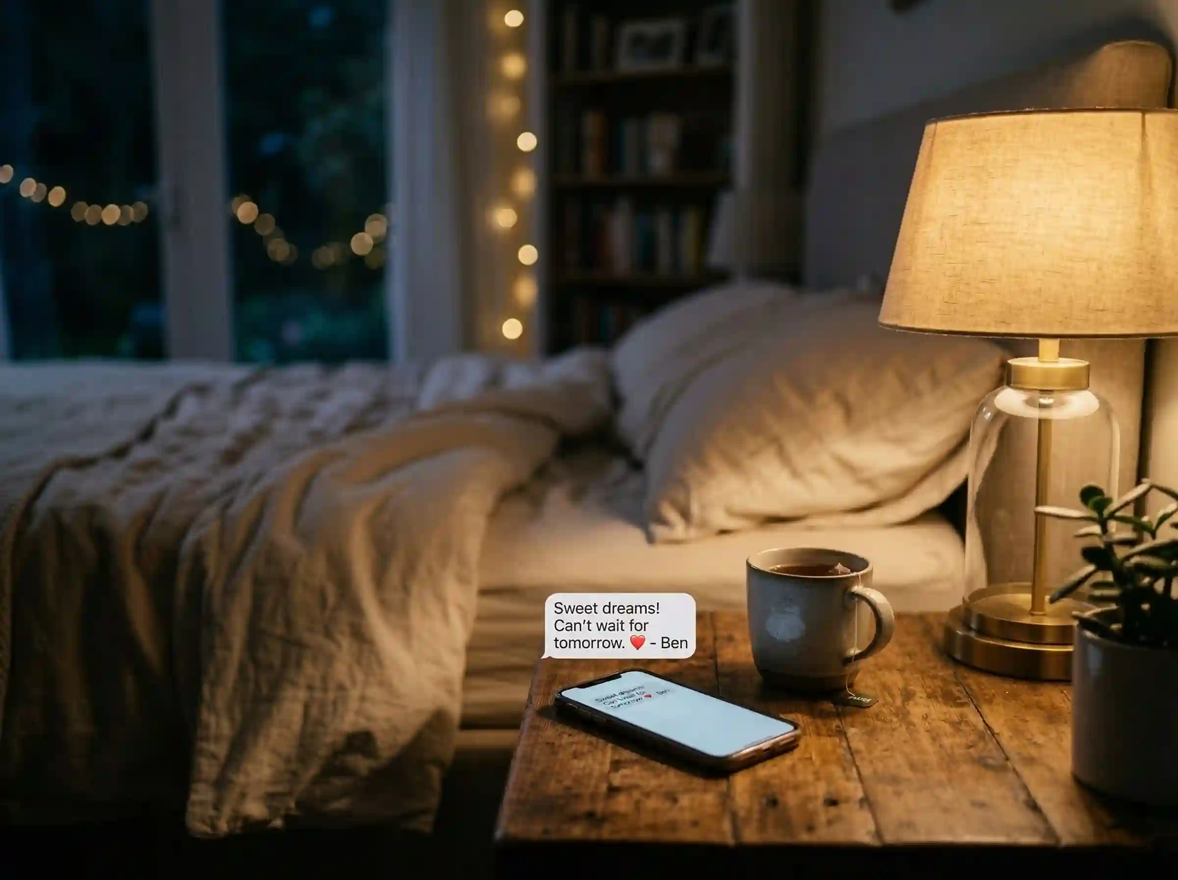good night romantic love message text on phone at night