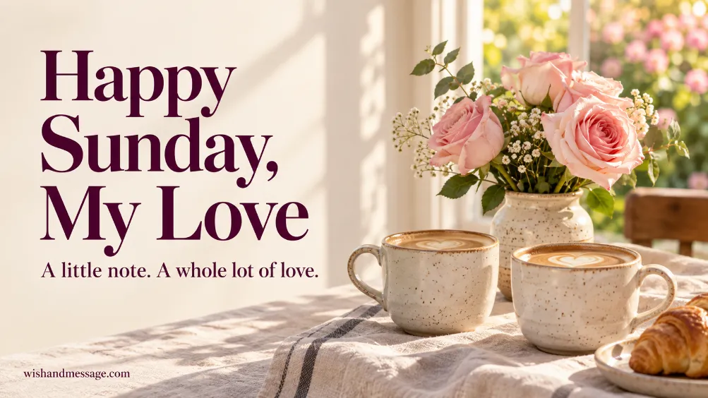 Two coffee cups and pink roses in morning sunlight with Happy Sunday My Love text