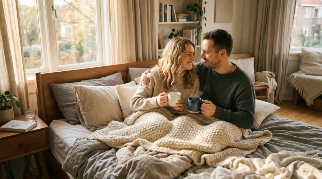 happy Sunday beautiful message for your love with cozy morning couple scene