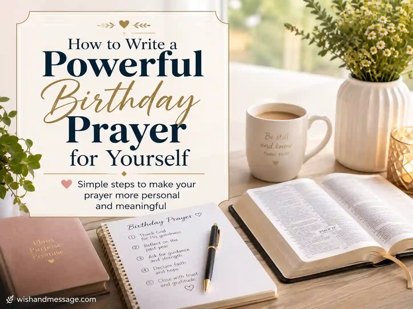 How to write a powerful birthday prayer for yourself image with notebook, pen, Bible, and soft inspirational setup