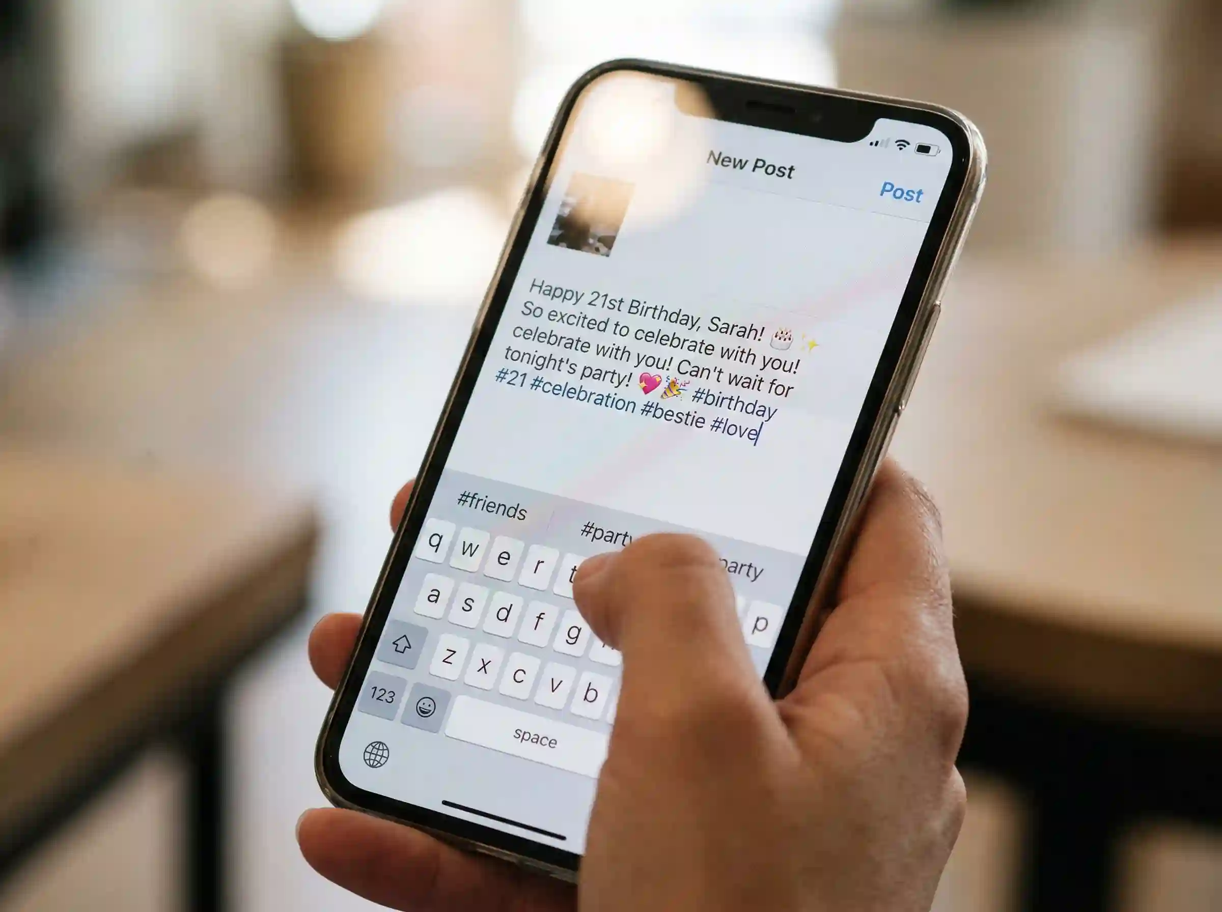smartphone showing Instagram birthday caption being typed