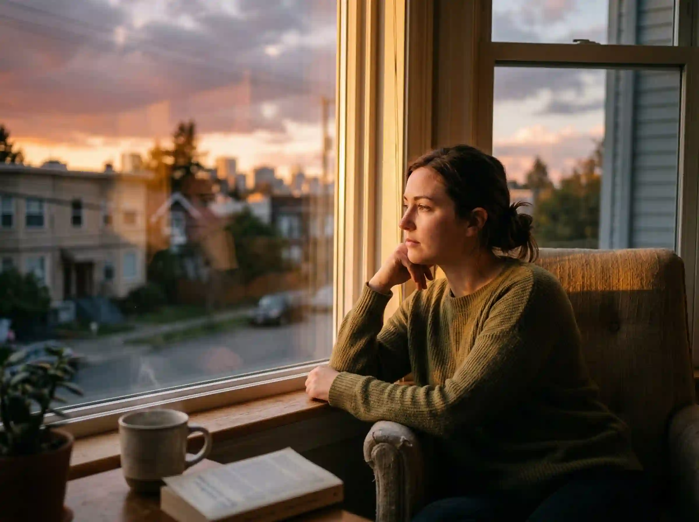 person sitting by window at sunset thinking about life and birthday