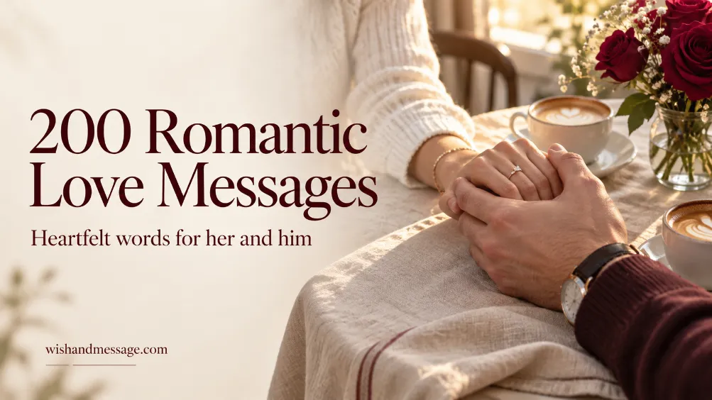 Couple holding hands at a cafe table beside roses with the words 200 Romantic Love Messages.