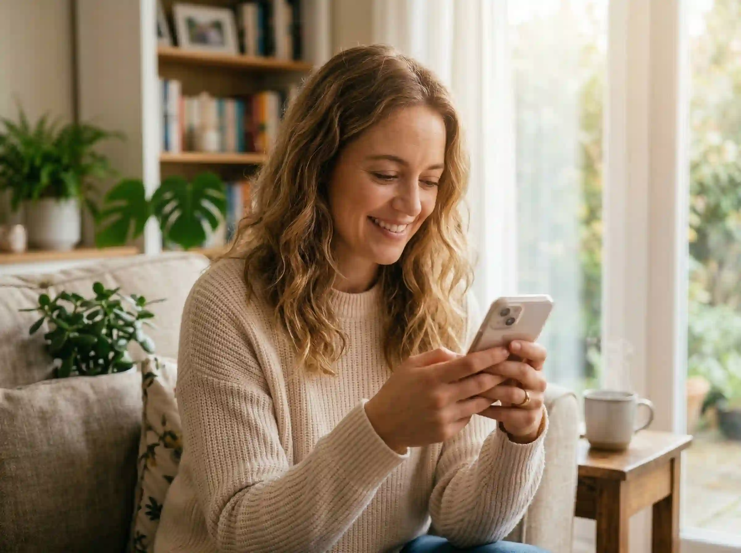 woman smiling while reading romantic love message on phone