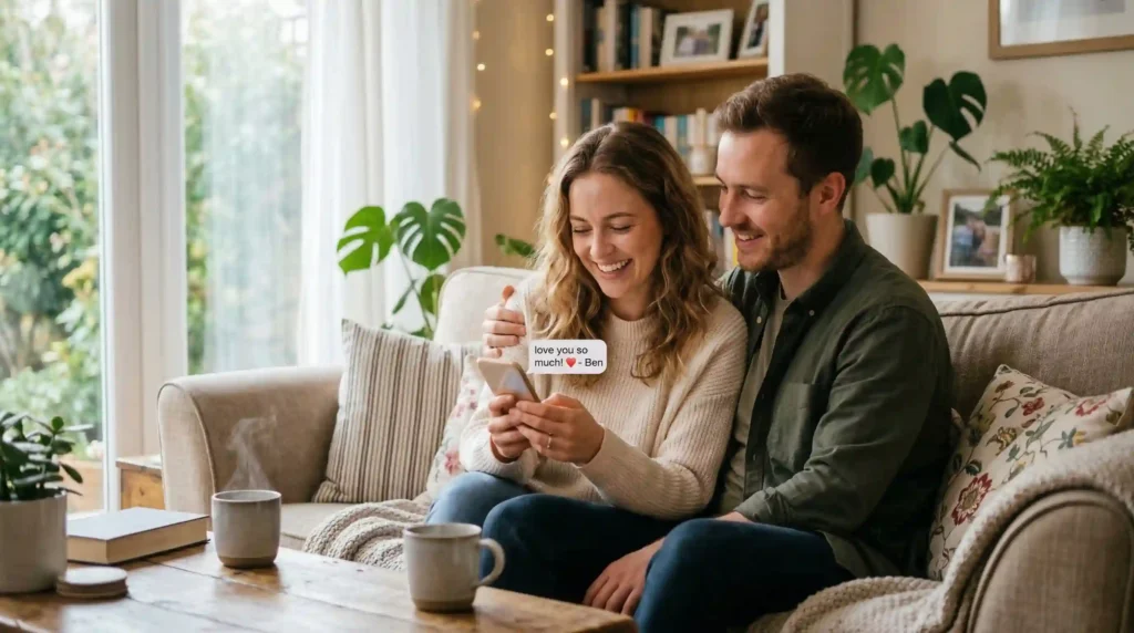 romantic love messages being read on phone by smiling couple