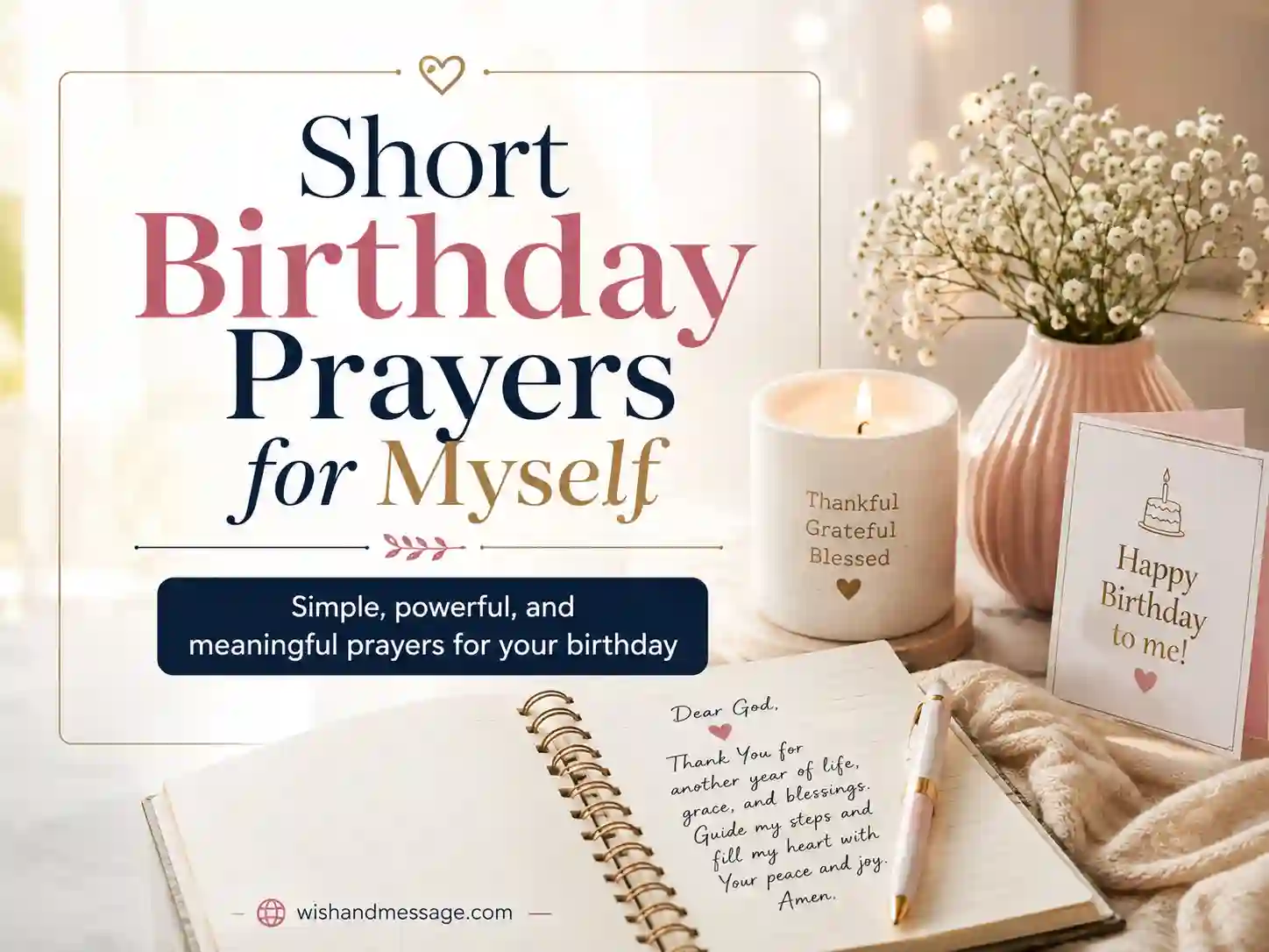 Short birthday prayers for myself image with simple prayer journal, candle, and clean faith-inspired design