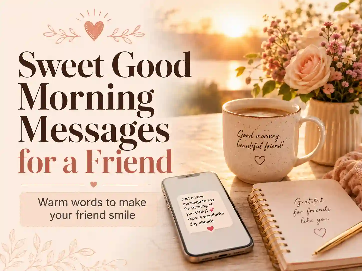 Sweet good morning messages for a friend with a soft sunrise and heartfelt text design
