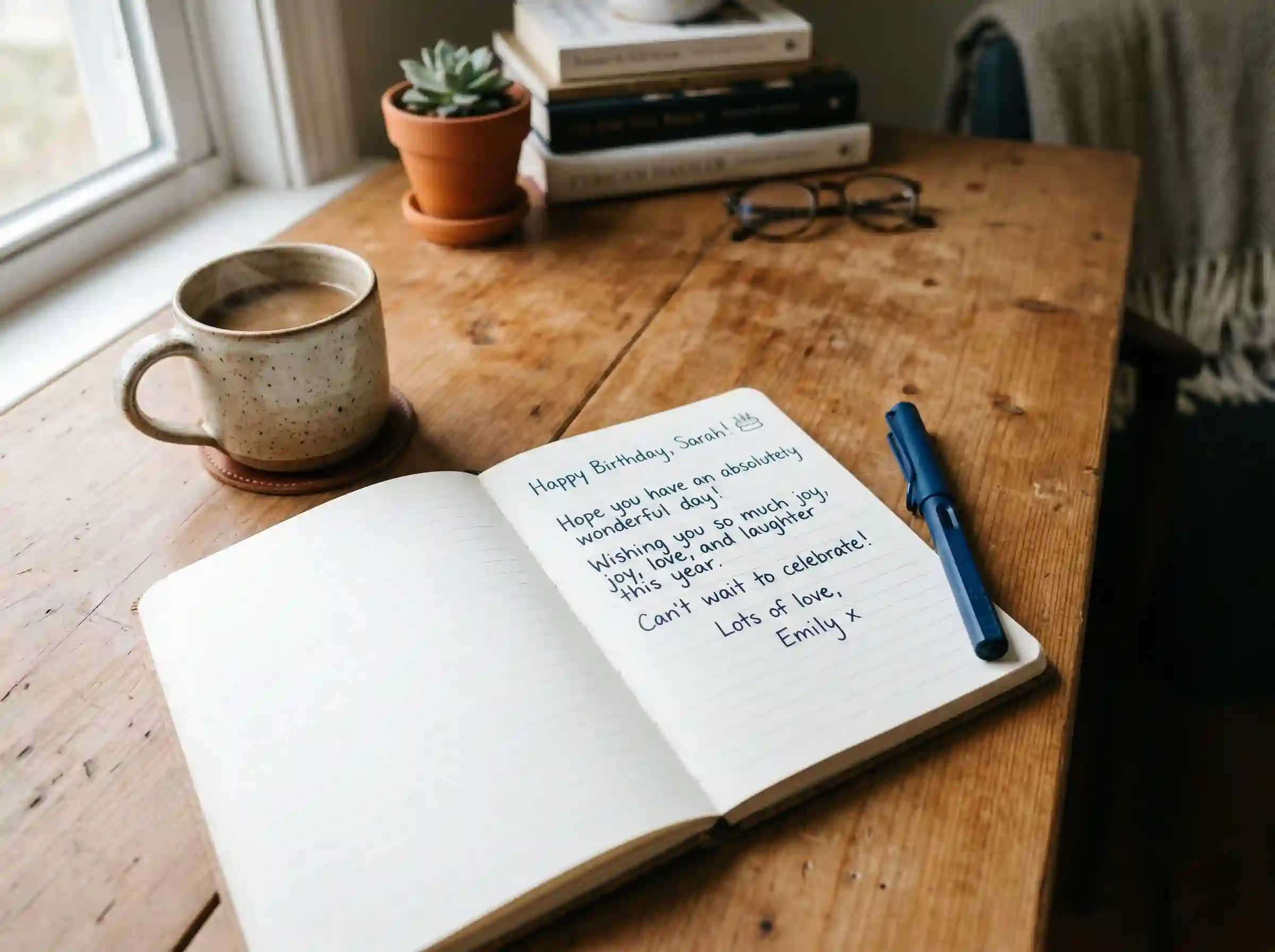 notebook with handwritten birthday message and pen on table