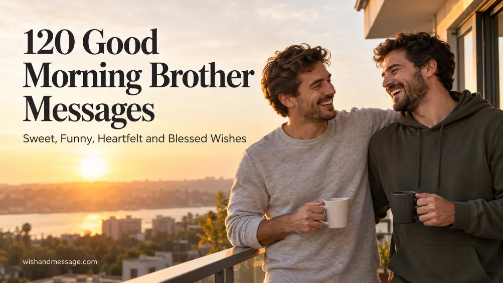 Two brothers laughing over morning coffee at sunrise with Good Morning Brother Messages text