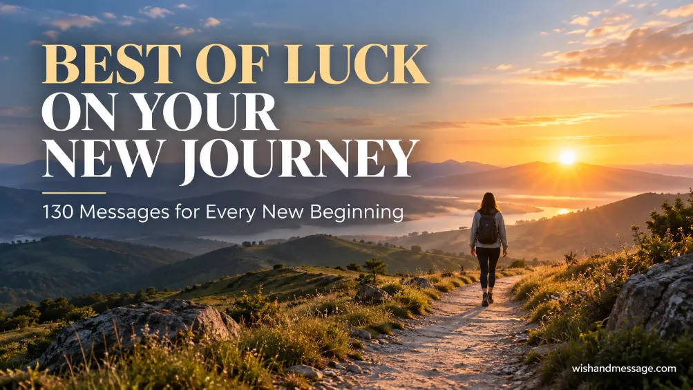 Traveler walking toward a sunrise with Best of Luck on Your New Journey message