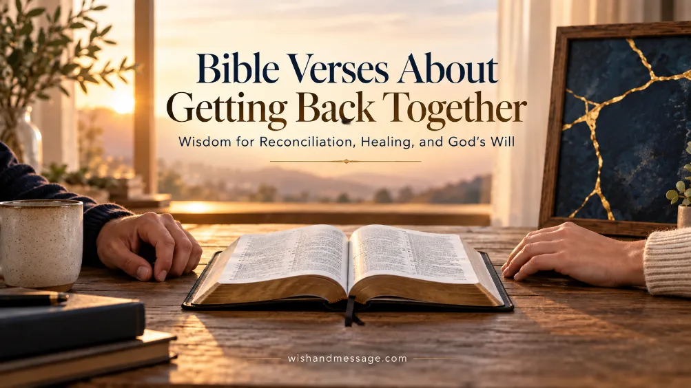 Open Bible between two people at sunrise with the words Bible Verses About Getting Back Together