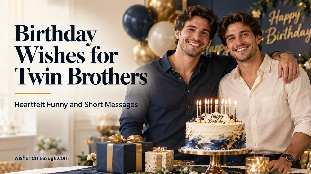 Twin brothers celebrating a shared birthday with a cake and heartfelt birthday wishes headline