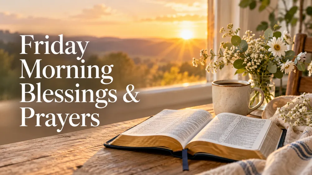 Friday morning blessings and prayers quotes with an open Bible, coffee and sunrise