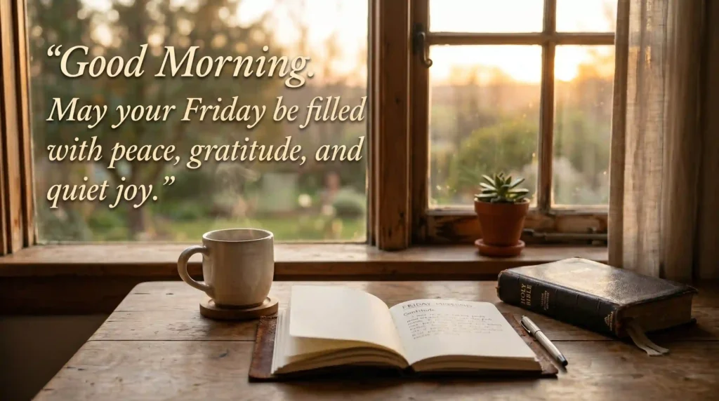 Friday morning blessings sunrise peaceful scene with coffee Bible and journal representing gratitude and calm start
