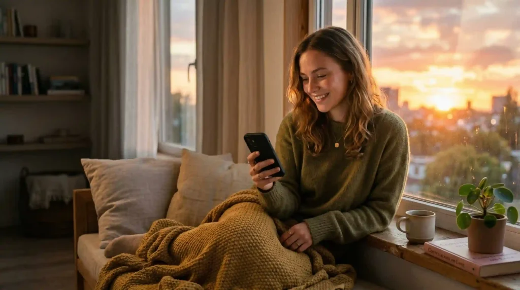 person reading a good evening message for a friend on phone during sunset