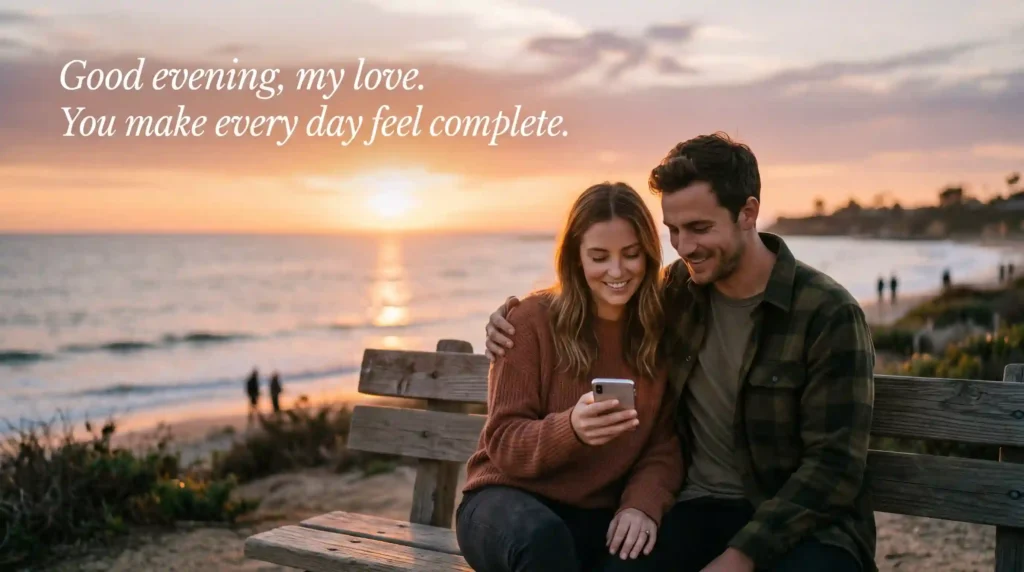 Good evening message for her with romantic sunset couple and love quote