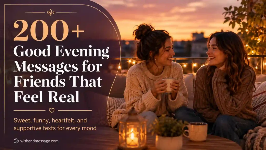 Friends sharing a warm good evening moment with a calm sunset background and stylish text overlay.