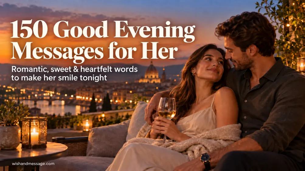 Romantic couple at sunset with Good Evening Messages for Her text