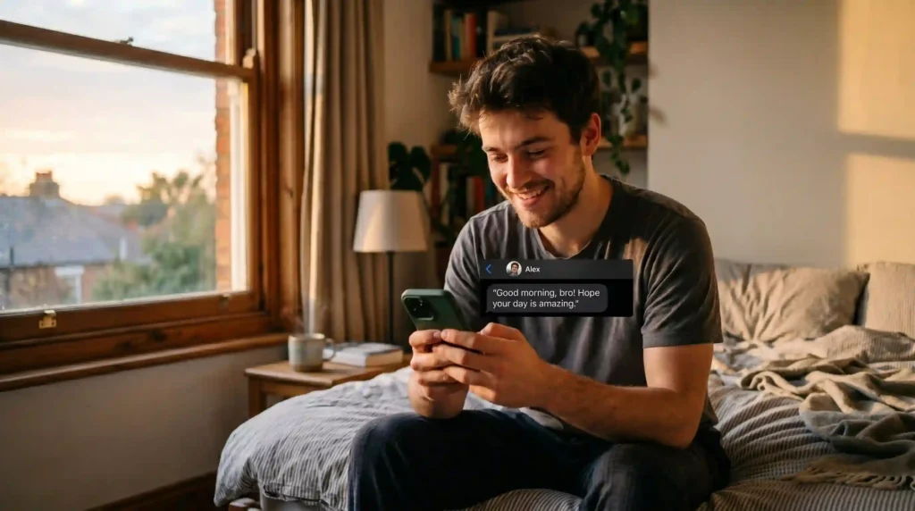 good morning message for brother on phone screen with sunrise background
