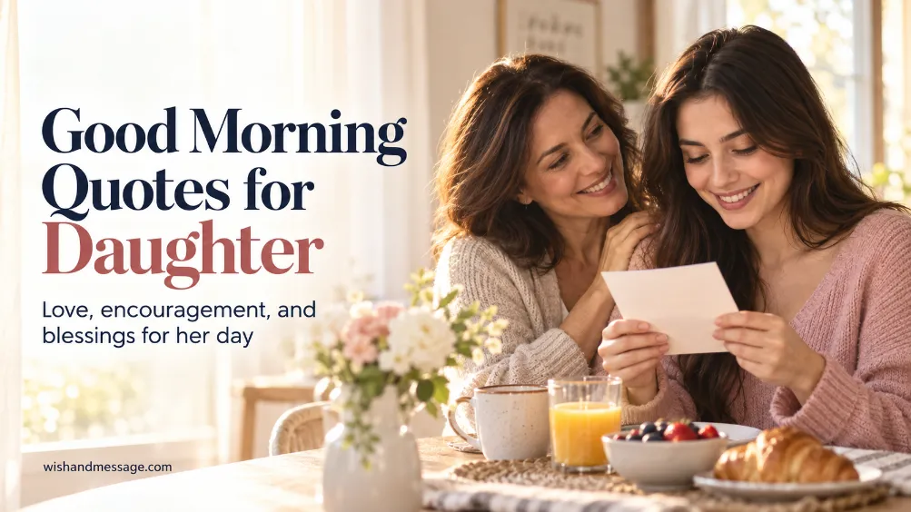 Mother and adult daughter sharing a warm morning note beside the words Good Morning Quotes for Daughter