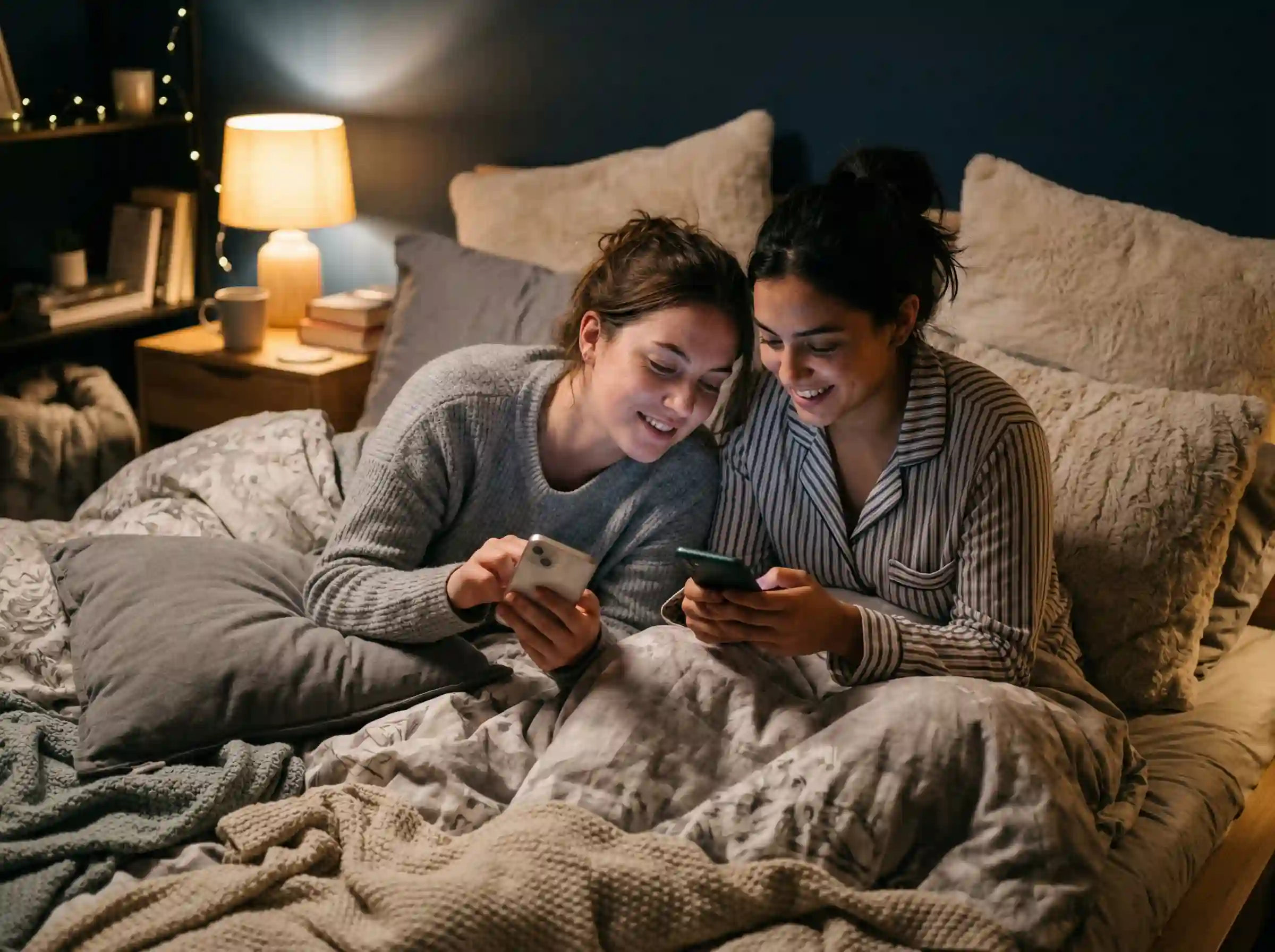 best friends sharing good night messages and smiling together