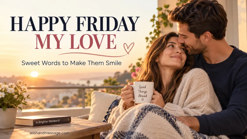 Romantic couple embracing at sunrise with a Happy Friday My Love message