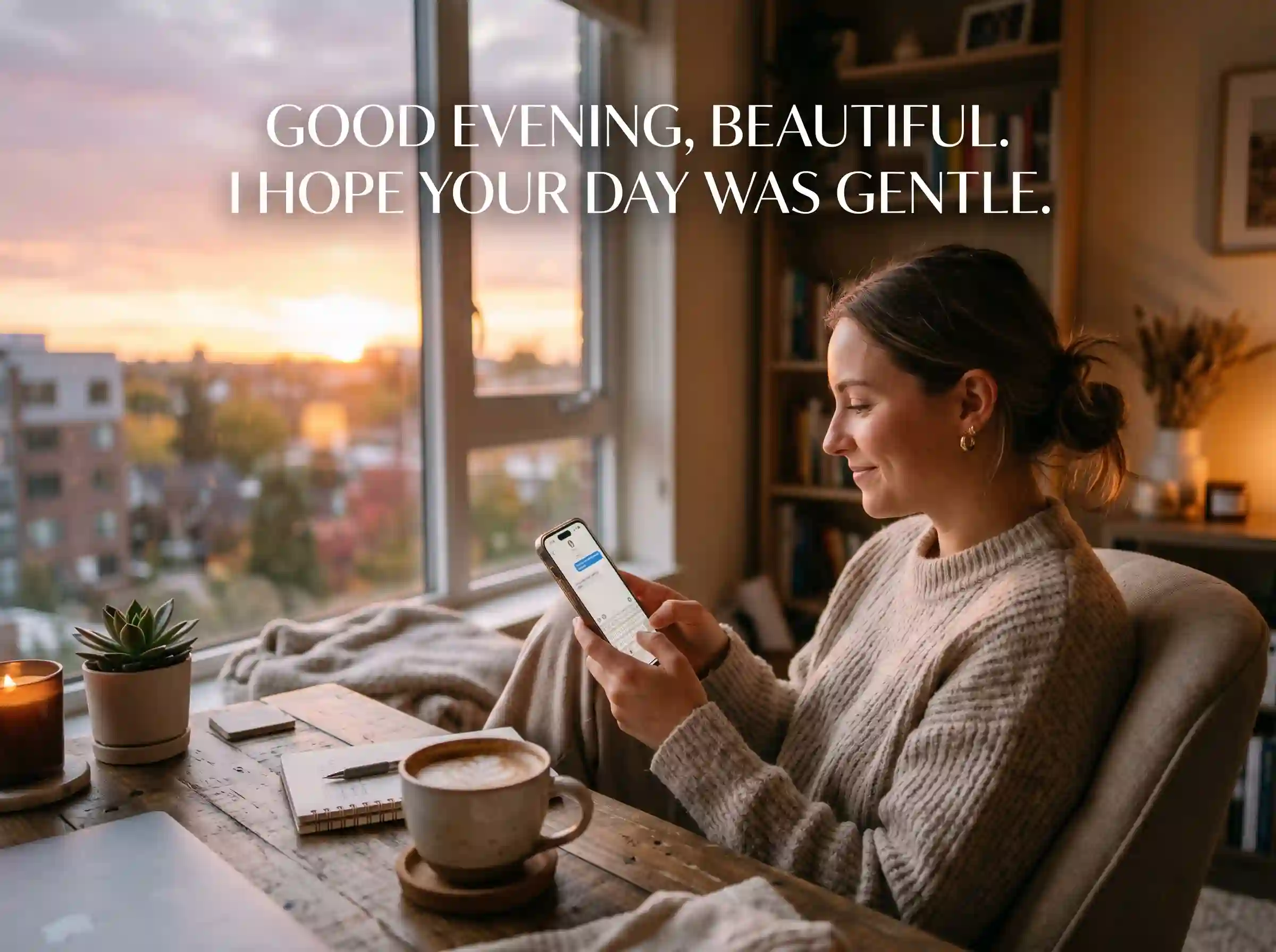 Person writing good evening message for her on phone with cozy sunset background