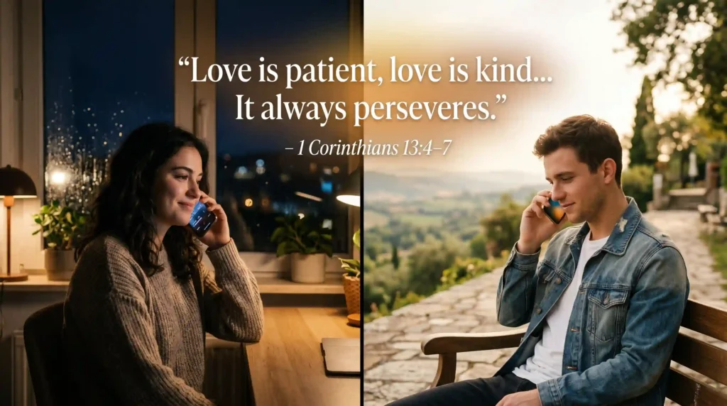 Long distance relationship couple connected spiritually with Bible verse about love being patient and kind
