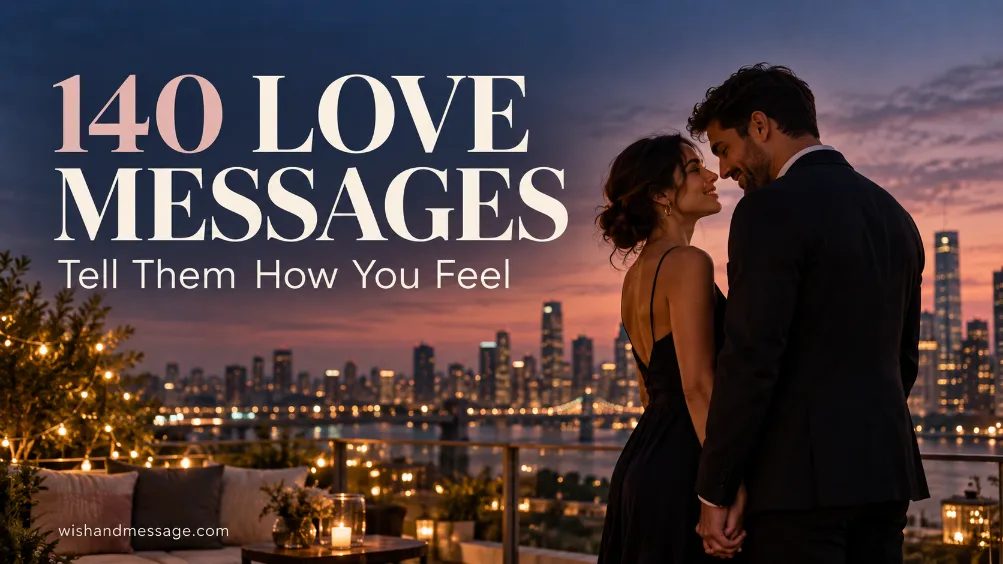 Couple holding hands on a city rooftop at sunset beside the words 140 Love Messages Tell Them How You Feel