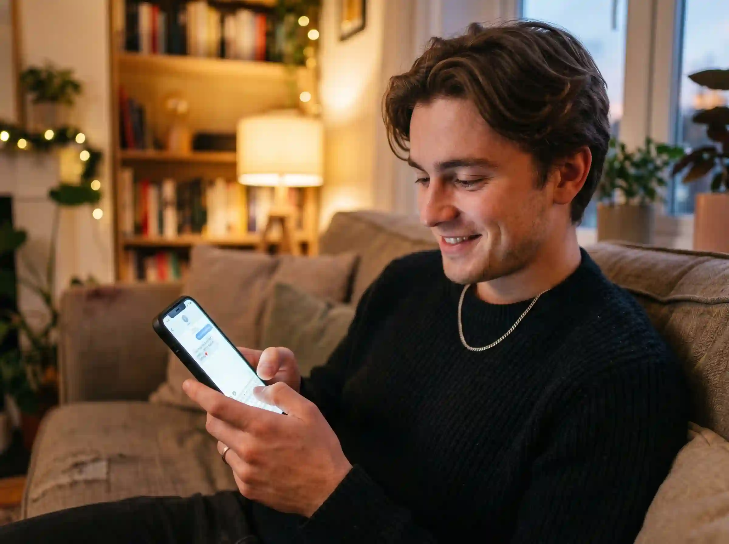 man typing romantic i miss you text message for her with smile