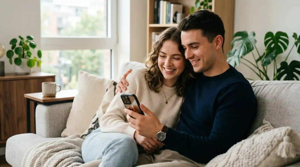 romantic new month wishes to my love message on phone with couple smiling