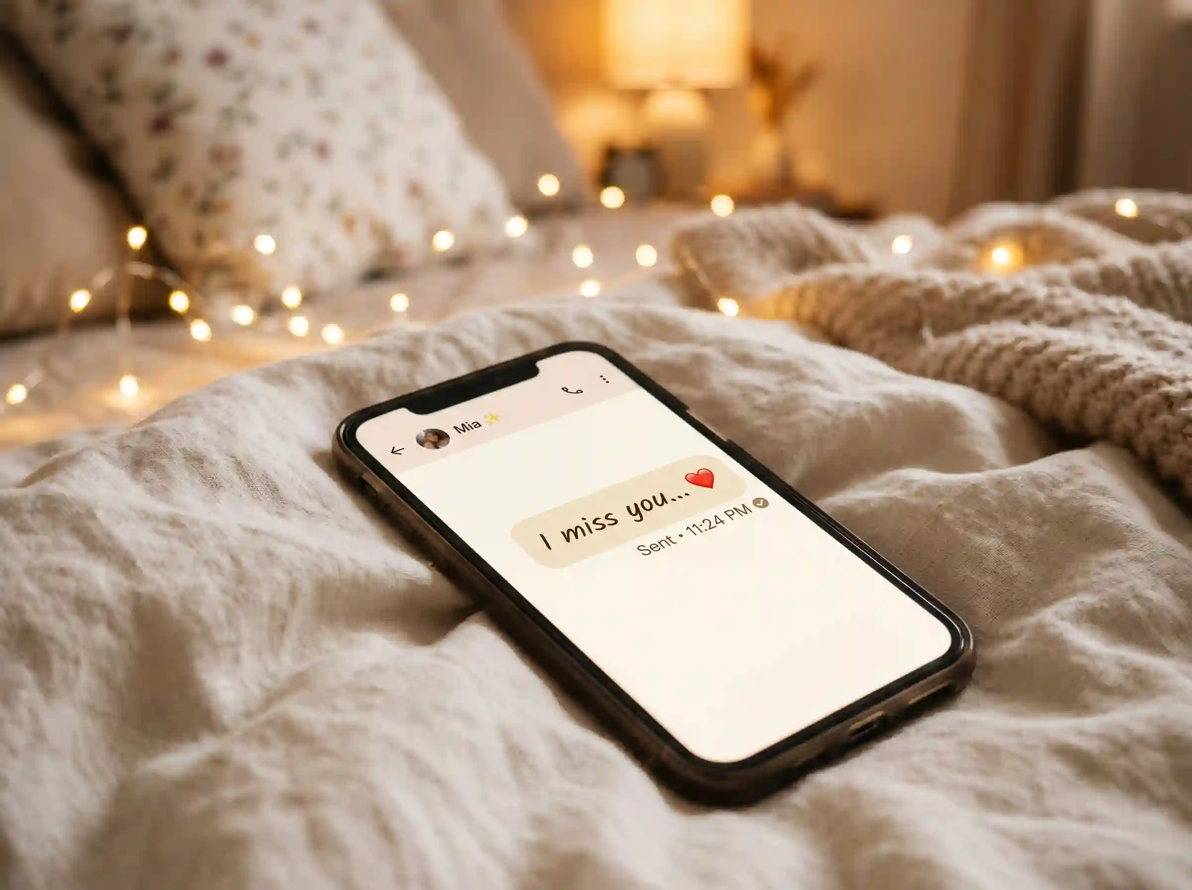 romantic i miss you message text on phone screen with cozy background