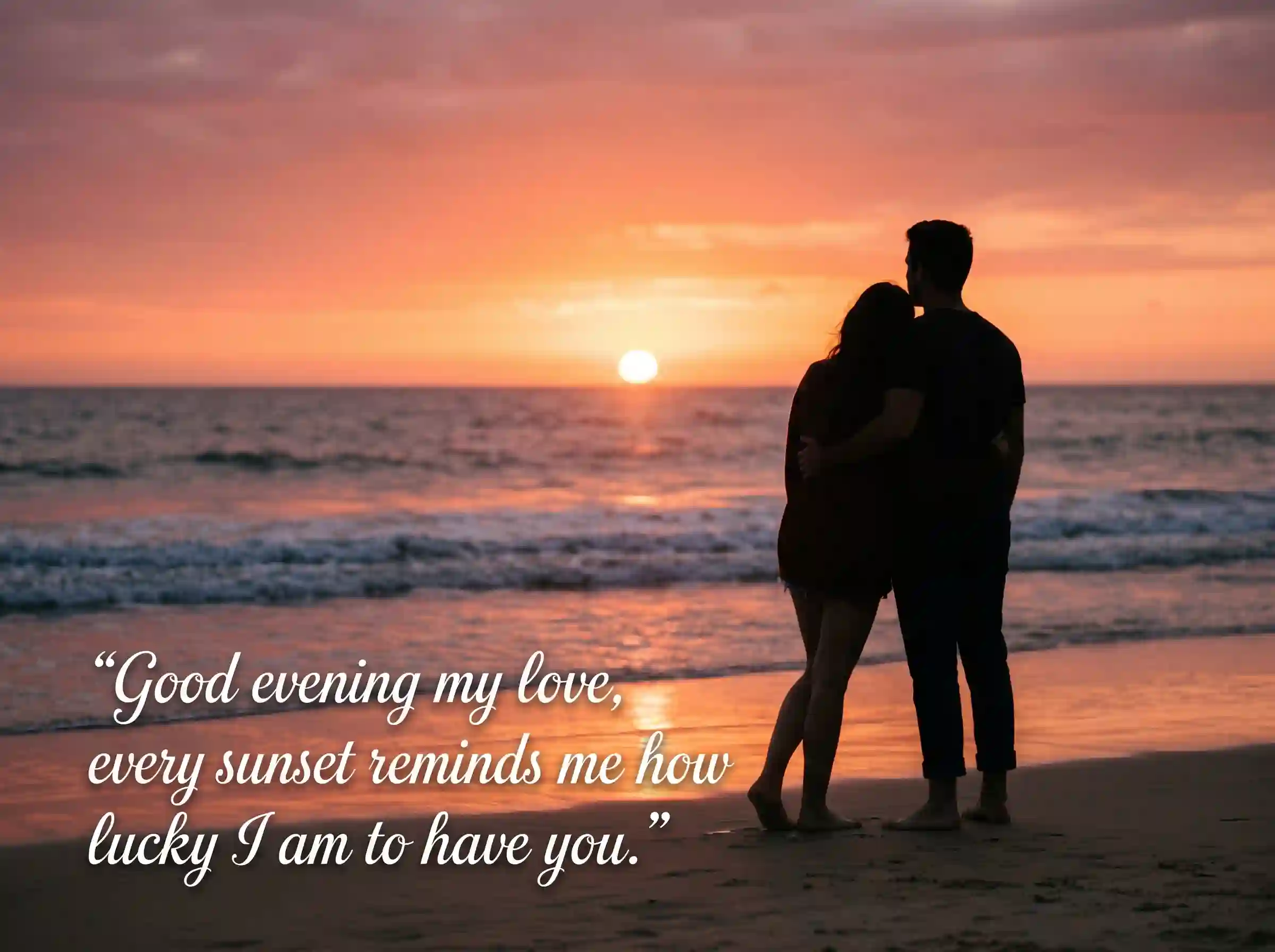 Romantic good evening message image couple sunset love evening wishes romantic quotes background