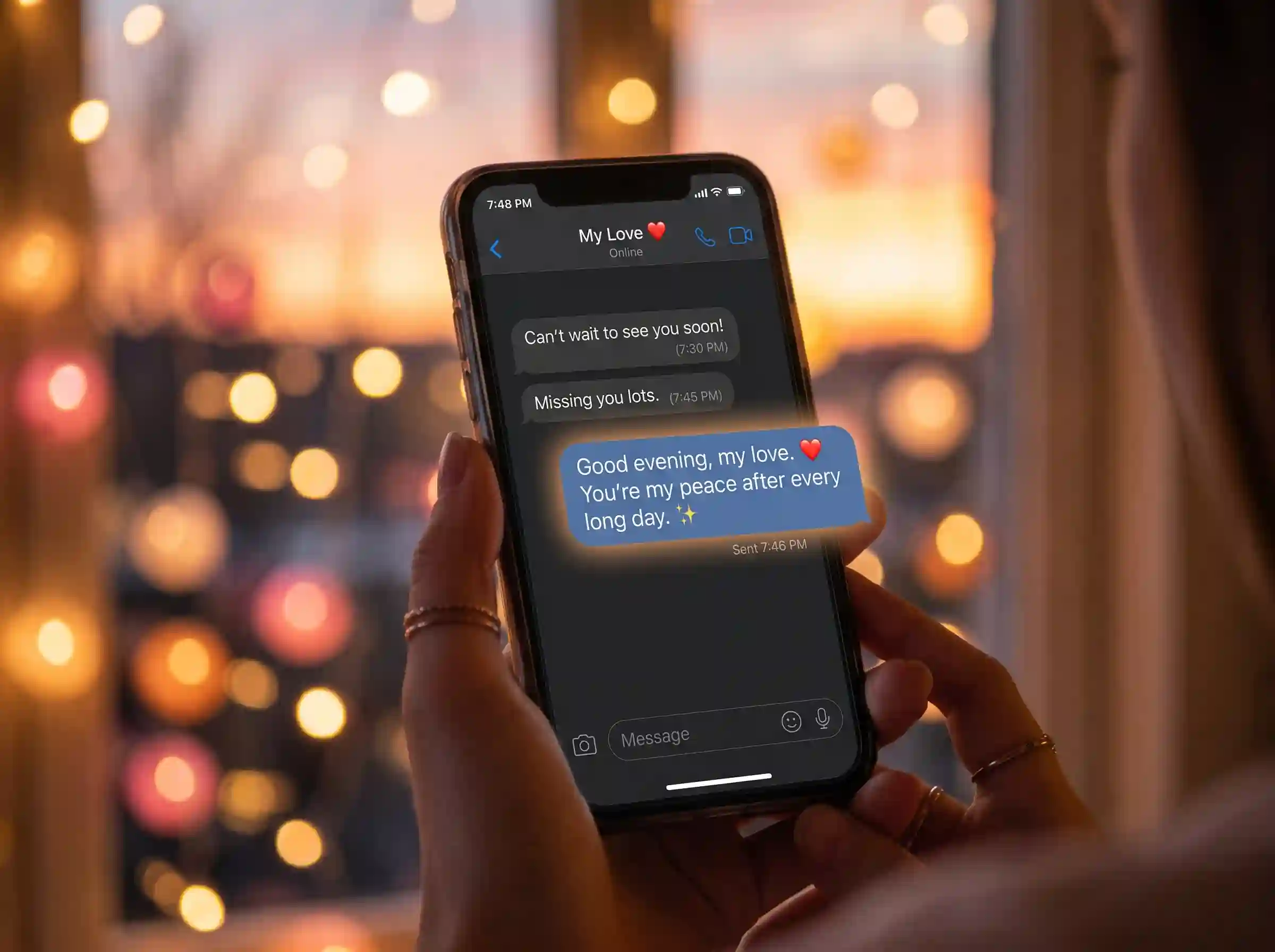 Romantic good evening message for her displayed on phone screen chat